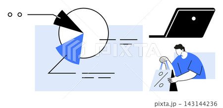 Data analysis, e-commerce, financial growth, online shopping, consumer behavior, analytics. Circular data chart, laptop person holding shopping bag with percentage sign. Data analysis and e-commerce 143144236