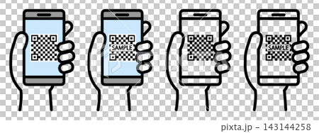 A set of illustrations showing a QR code on a smartphone held in the hand | Payment/Scanning image A set of illustrations showing a QR code on a smartphone held in the hand | Payment/Scanning image 143144258