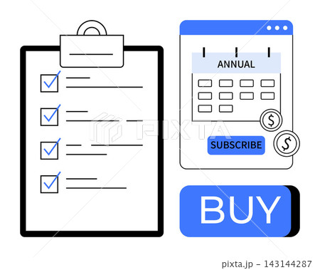 E-commerce, subscription plans, annual renewals, financial planning, online purchases, task management. A clipboard with a checklist, annual calendar Subscribe and Buy buttons. E-commerce 143144287