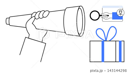 Exploration, discovery, new opportunities, research, scanning, gift-giving. A hand holding a telescope beside a search icon and a gift box. Exploration and new opportunities concept 143144298