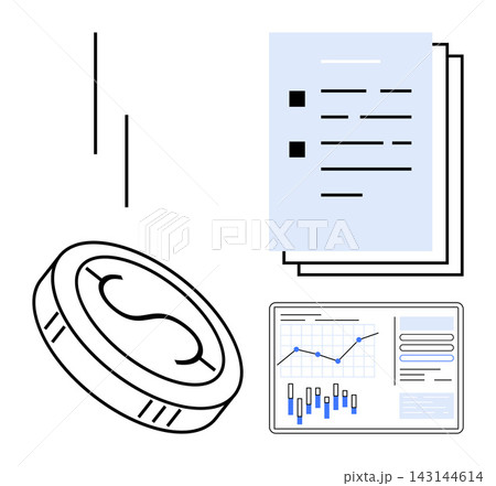 Finance, economics, business analytics, investment planning, data visualization, financial performance. A coin, documents and a data chart. Finance and economics concept Finance, economics, business analytics, investment planning, data visualization, financial performance. A coin, documents and a data chart. Finance and economics concept 143144614