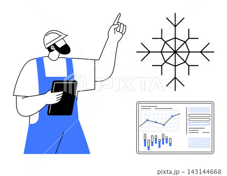 Climate monitoring, industry analytics, weather data, predictive maintenance, workflow efficiency, seasonal operations. Worker with tablet pointing to snowflake and data graph. Climate monitoring 143144668