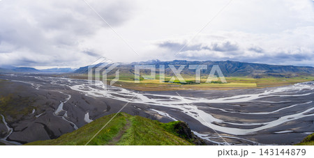 Panoramic view of braided rivers from Stora Dimon mountain in Iceland Panoramic view of braided rivers from Stora Dimon mountain in Iceland 143144879