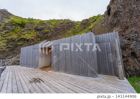 Wooden changing rooms at Hvammsvik hot springs in Iceland 143144906