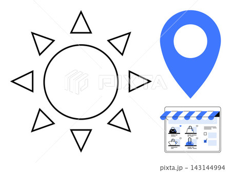 Travel planning, e-commerce, retail navigation, location-based services, summer activities, tourism. A sun icon next to a location pin and digital storefront. Travel planning and e-commerce concepts Travel planning, e-commerce, retail navigation, location-based services, summer activities, tourism. A sun icon next to a location pin and digital storefront. Travel planning and e-commerce concepts 143144994