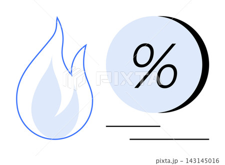 Discounts, promotions, energy efficiency, renewable energy, consumption, advertising. A flame and a percentage symbol. Discounts and energy efficiency concept 143145016
