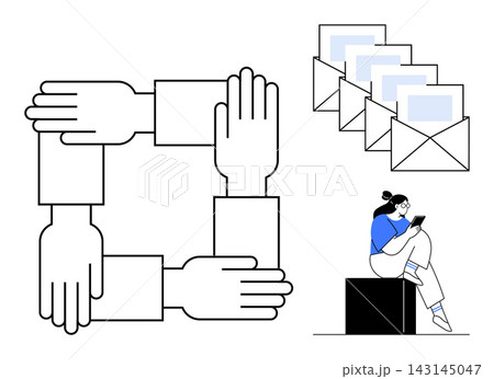 Teamwork, communication, emails, connectivity, digital collaboration, teamwork efficiency. Interlocked arms forming a square, envelopes and a person using a device. Teamwork and communication Teamwork, communication, emails, connectivity, digital collaboration, teamwork efficiency. Interlocked arms forming a square, envelopes and a person using a device. Teamwork and communication 143145047