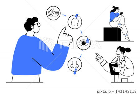 Healthcare, telemedicine, decision-making, diagnostics, virtual consultation, education. A person interacts with health icons, a seated woman uses a tablet and a doctor holds a clipboard. Healthcare 143145118