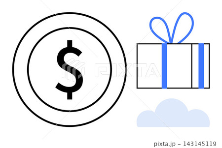 Business incentives, digital economy, online gifting, e-commerce, financial benefits, cloud storage. Dollar sign in a coin, gift box and cloud. Financial rewards and e-commerce concept 143145119