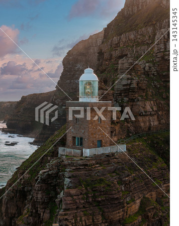 Aerial lighthouse on Cape Point cliff, Cape of Good Hope, South Africa 143145345