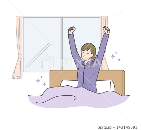 イラスト素材: 朝気持ちよく目覚める若い女性 143145393