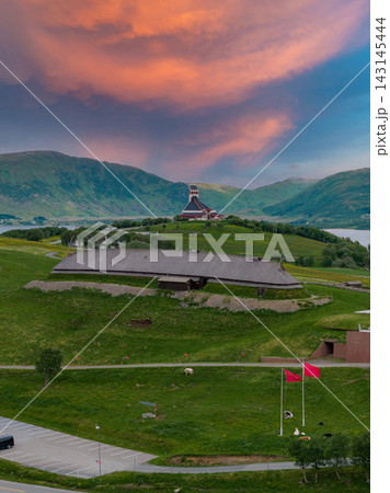 Aerial view of Lofoten church and Viking Museum at dusk, Norway Aerial view of Lofoten church and Viking Museum at dusk, Norway 143145444