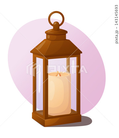 Brown metal lantern with a glowing candle inside glass panels, 143145693