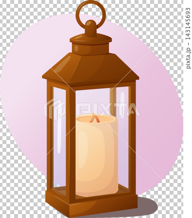 Brown metal lantern with a glowing candle inside glass panels, 143145693
