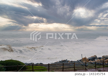 Rough stormy ocean waves crash along the coast of Cape Town 143145754