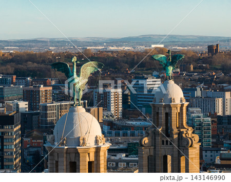 Aerial view of Liverpool, UK, with Royal Liver Building twin domed towers and Liver Bird statues. Warm early morning light illuminates stonework and copper as city expands. Aerial view of Liverpool, UK, with Royal Liver Building twin domed towers and Liver Bird statues. Warm early morning light illuminates stonework and copper as city expands. 143146990