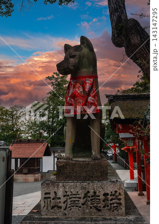 A stone fox with a red bib stands by red torii and lanterns at a Kyoto shrine at sunset. Warm light reveals moss texture and vermilion accents, evoking reverence. 143147295