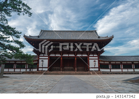 A grand wooden gate with red pillars and white walls stands in Nara, Japan. A tiled roof and eaves frame a stone forecourt leading to the entrance in daylight. A grand wooden gate with red pillars and white walls stands in Nara, Japan. A tiled roof and eaves frame a stone forecourt leading to the entrance in daylight. 143147342