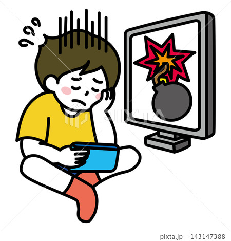 ゲームに失敗して落ち込む子ども|タブレット・ゲーム・爆弾・失敗 ゲームに失敗して落ち込む子ども|タブレット・ゲーム・爆弾・失敗 143147388