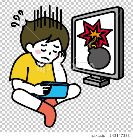 ゲームに失敗して落ち込む子ども|タブレット・ゲーム・爆弾・失敗 ゲームに失敗して落ち込む子ども|タブレット・ゲーム・爆弾・失敗 143147388