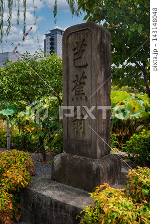 A weathered stone stele with vertical Japanese characters stands in a Tokyo park, framed by lotus leaves and shrubs, with a modern high rise visible behind. A weathered stone stele with vertical Japanese characters stands in a Tokyo park, framed by lotus leaves and shrubs, with a modern high rise visible behind. 143148048
