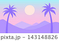 Pastel tropical sunset landscape with palm trees, retro vaporwave mountains and soft sun 143148826