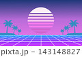 Retro vaporwave sunset with neon grid and palm trees over tropical horizon 143148827