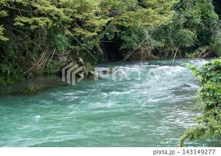 夏の雨上がりに増水し、力強く流れる高麗川の清流（埼玉県日高市） 143149277