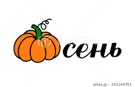 Autumn calligraphy lettering in Russian with pumpkin. Inspirational autumn quote Cyrillic inscription. Vector template for typography poster, banner, shirt design, mug, etc. 143149761