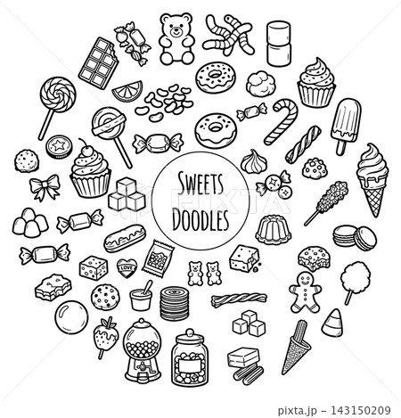 Hand drawn candy collection. Doodle sketch style. Set of various sweets doodles. Illustration isolated on white background. 143150209