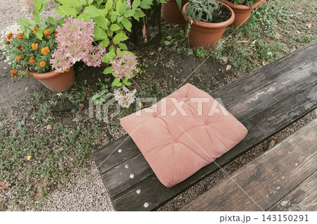 Pink soft cushion on wooden bench beside potted hydrangea and marigolds 143150291