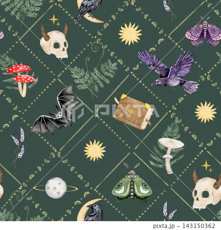 Mystical Halloween artwork featuring ravens, bats, horned skulls, moths, mushrooms, herbs, golden stars and an enchanted book arranged with delicate lines on a deep forest green background. 143150362