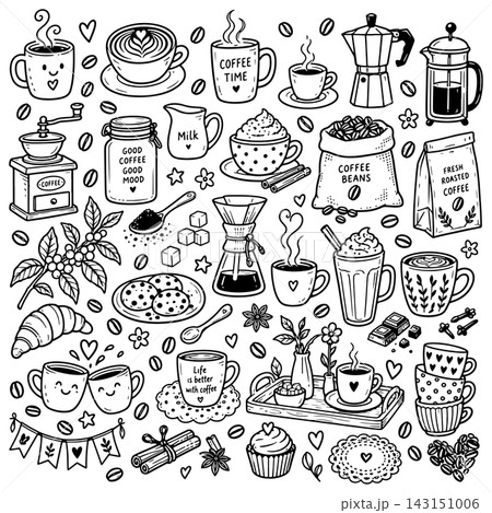 Cute doodle cartoon coffee shop icons. Outline hand drawn for coffee and bakery for cafe menu 143151006