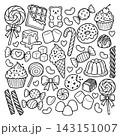 Hand drawn candy collection. Doodle sketch style. Set of various sweets doodles. Illustration isolated on white background. 143151007