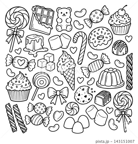 Hand drawn candy collection. Doodle sketch style. Set of various sweets doodles. Illustration isolated on white background. 143151007