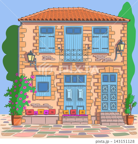 Colorful Vector Illustration of Traditional House in Chania Crete Greece Colorful Vector Illustration of Traditional House in Chania Crete Greece 143151128