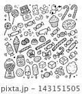 Hand drawn candy collection. Doodle sketch style. Set of various sweets doodles. 143151505
