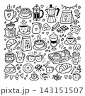 Cute doodle cartoon coffee shop icons. Outline hand drawn for coffee and bakery for cafe menu 143151507
