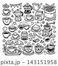 Cute doodle cartoon coffee shop icons. Outline hand drawn for coffee and bakery for cafe menu 143151958