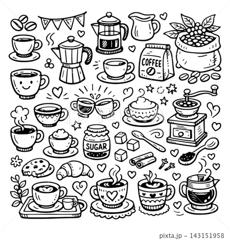 Cute doodle cartoon coffee shop icons. Outline hand drawn for coffee and bakery for cafe menu 143151958