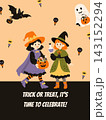 Cute Halloween greeting card with witches candy pumpkins and spooky decorations 143152294