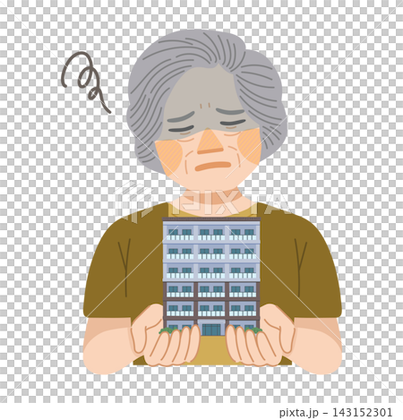 一幅描繪一位後悔擁有公寓的老婦人的插圖。 143152301