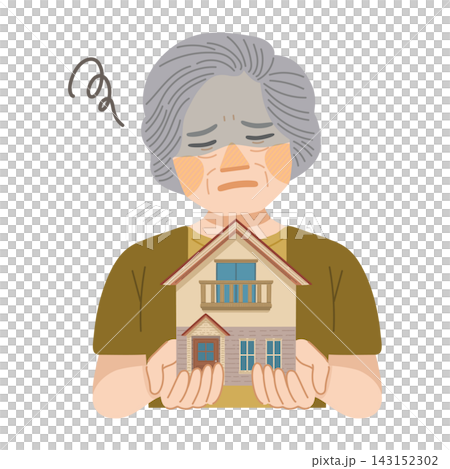 An illustration of an elderly woman who regrets owning a detached house. An illustration of an elderly woman who regrets owning a detached house. 143152302