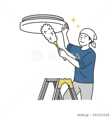 年末大掃除で脚立に乗り天井の照明をモップがけする男性のイラスト 143152318
