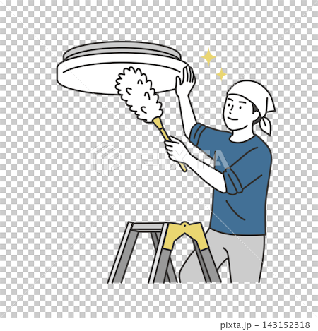 年末大掃除で脚立に乗り天井の照明をモップがけする男性のイラスト 143152318