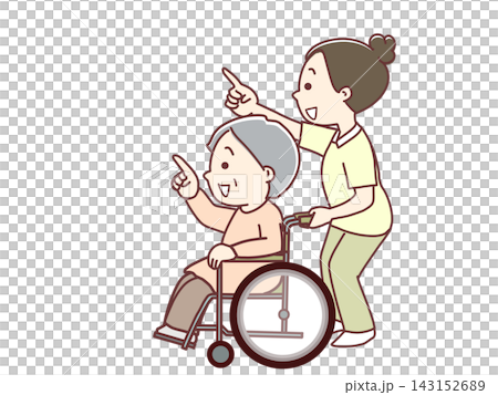 上を指さす車いすの高齢女性と介護士 上を指さす車いすの高齢女性と介護士 143152689