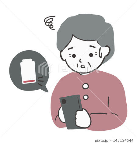 スマホの充電切れで困る高齢女性のイラスト 143154544