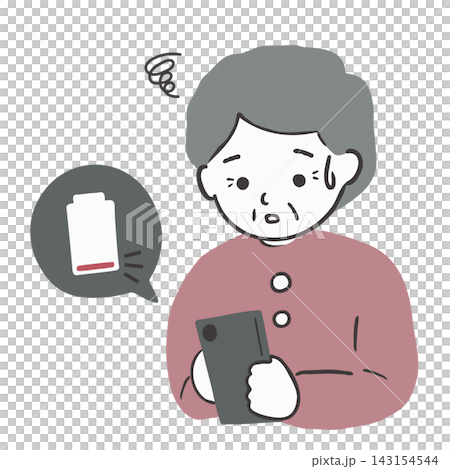 An illustration of an elderly woman who is troubled because her smartphone battery has died. An illustration of an elderly woman who is troubled because her smartphone battery has died. 143154544