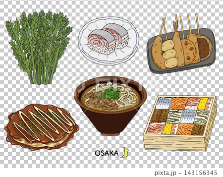 一組描繪大阪料理的線描插圖，包括大阪燒、串炸、粕烏龍麵和其他日本料理。 143156345