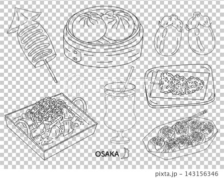 大阪グルメの線画イラストセット たこ焼きや豚まんちりとり鍋等日本グルメ白背景素材　モノクロ 143156346